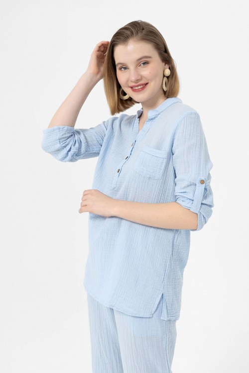 KADIN BLUZ - MÜSLİN HAKİM YAKA UZUN KOL BLUZ MAVİ  - 1100