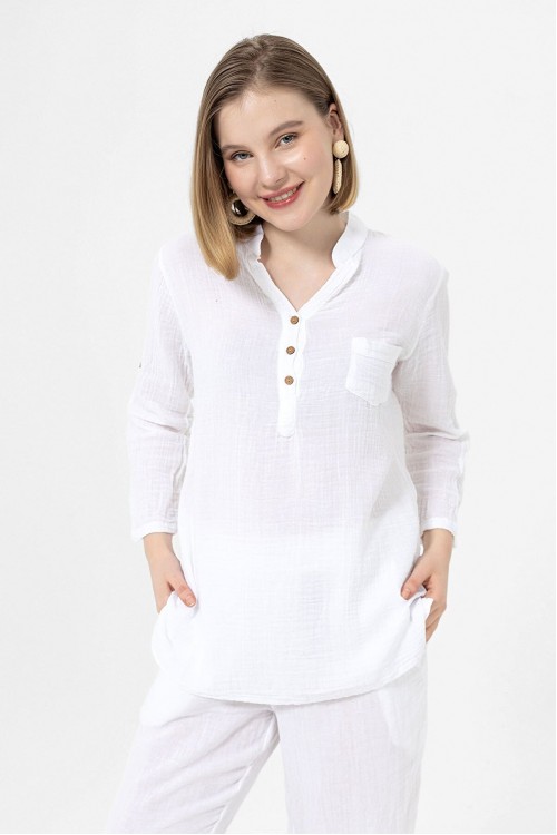 KADIN BLUZ - MÜSLİN HAKİM YAKA UZUN KOL BLUZ BEYAZ  - 1100