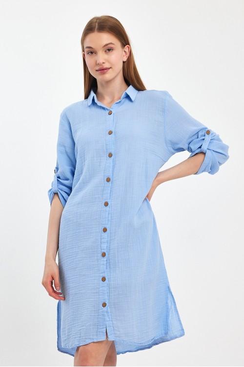 KADIN TUNİK - MÜSLİN PAMUKLU YAKALI MAVİ TUNİK - 1060