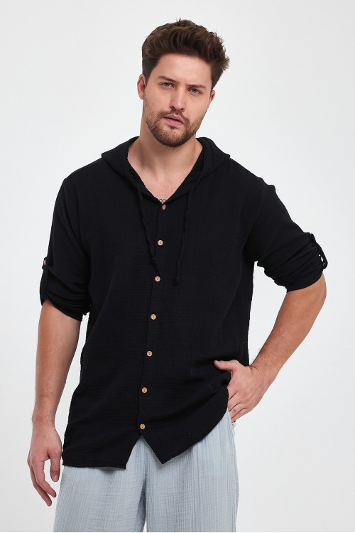 Erkek Müslin Kapüşonlu Siyah Gömlek