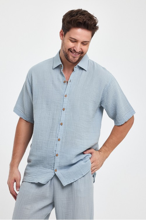 Erkek Müslin Yakalı Kısa Kol Açık Gri Gömlek