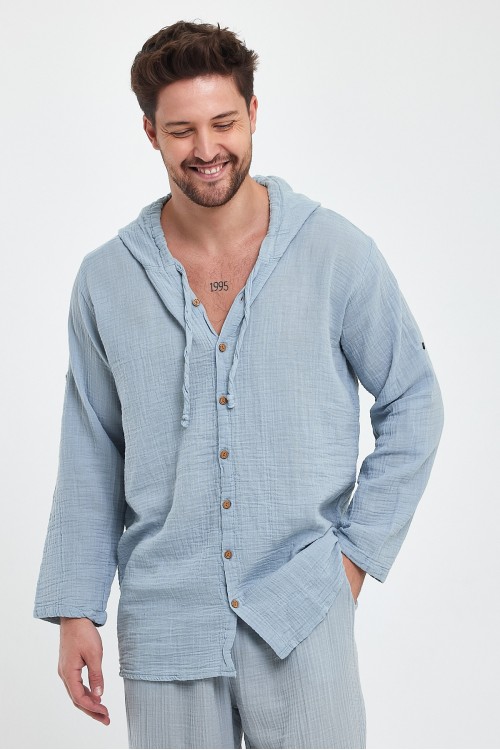 Erkek Müslin Kapüşonlu Açık Gri Gömlek