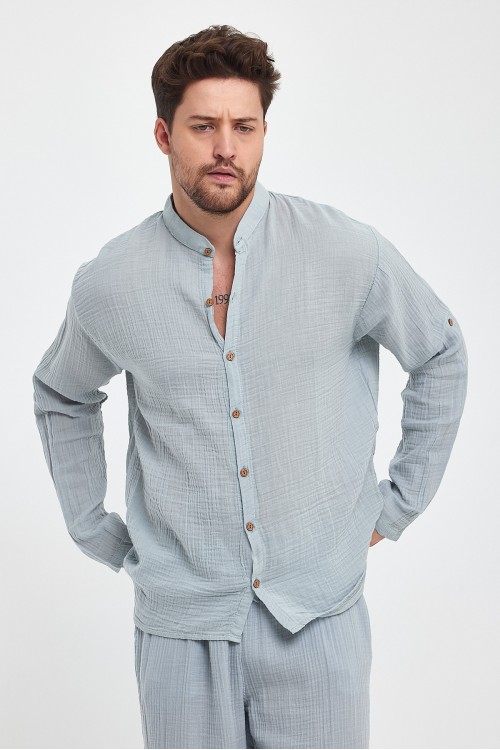 Erkek Müslin Hakim Yaka Uzun Kol Açık Gri Gömlek