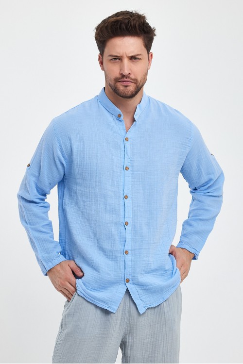 Erkek Müslin Hakim Yaka Uzun Kol Mavi Gömlek - 4050