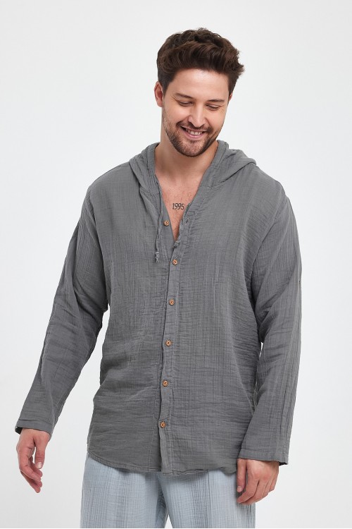 Erkek Müslin Kapüşonlu Antrasit Gri Gömlek