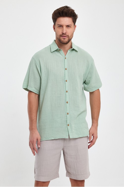 Erkek Müslin Yakalı Kısa Kol Çağla Yeşil Gömlek