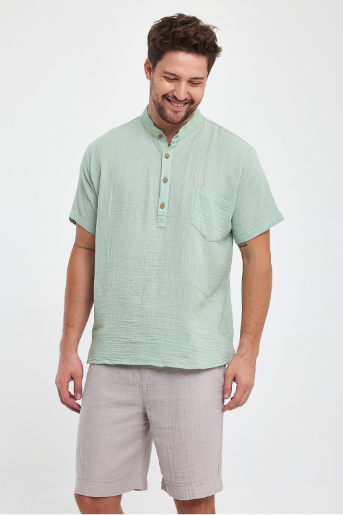 Erkek Müslin Hakim Yaka Yarım Patlı Çağla Yeşil Gömlek -4020