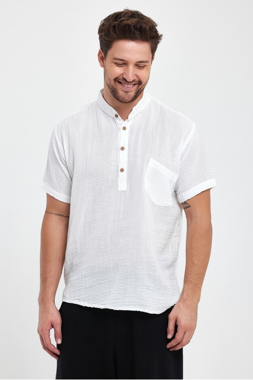 Erkek Müslin Hakim Yaka Yarım Patlı Beyaz Gömlek -4020