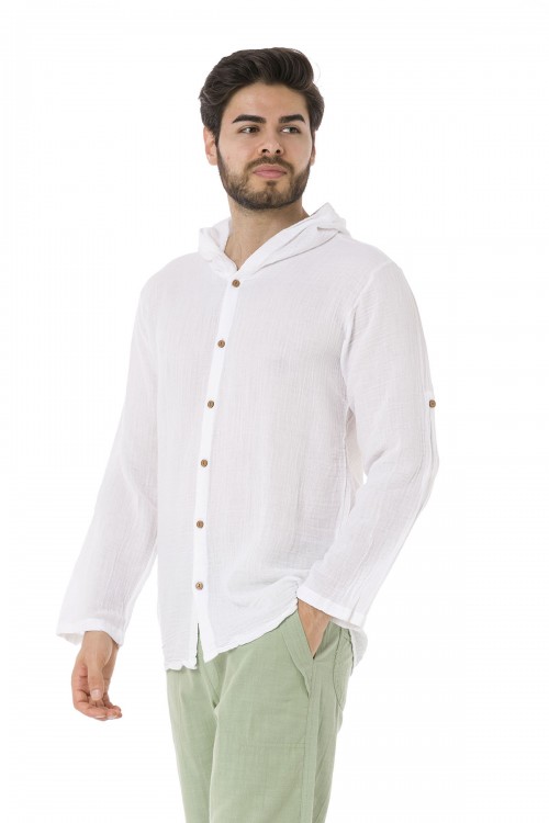Erkek Müslin Kapüşonlu Beyaz Gömlek